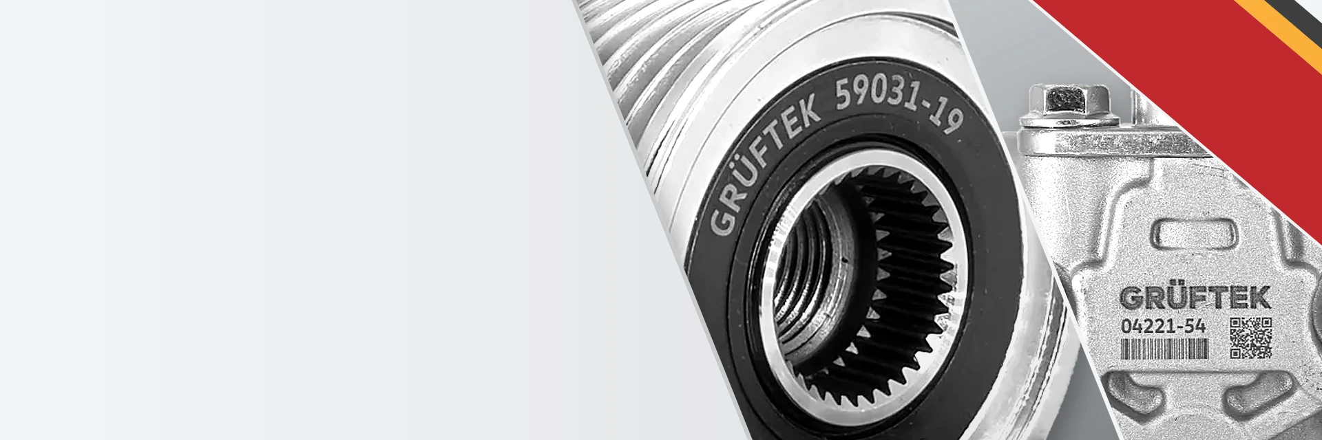 Detalle de repuestos Grüftek del catálogo: cara de la polea de alternador con el grabado GRÜFTEK 59031-19 y fundido de la bomba de dirección hidráulica con el marcado láser GRÜFTEK y código QR